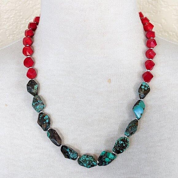 Southwestern Turquoise & Red Glass Strand Statement Necklace - Picture 1 of 3